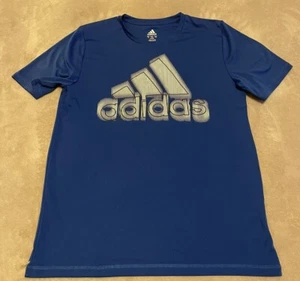 EUC Adidas Boy’s Performance Short Sleeve Shirt Blue White Logo Youth XL 18/20 - Picture 1 of 5