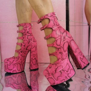 Women Pumps Snake Print Back Zip Up Thick Chunky High Heels Sandals Summer - Picture 1 of 7