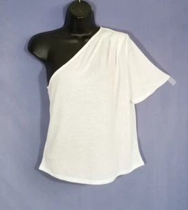 Express Women Size XS White Pleated One Shoulder Tee Top Skimming Linen Blend - Picture 1 of 7