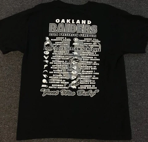 Oakland Raiders 2014 Schedule Shirt XL Josh Jacobs Bo Jackson Vtg 90s Jersey NFL Cover