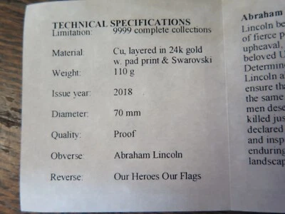 ABRAHAM LINCOLN COLOSSAL COMMEMORATIVE COIN PROOF GOLD PLATE - Image 1 of 4