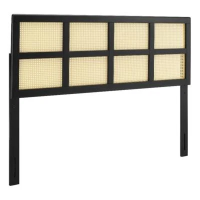 Maklaine Contemporary Cane Rattan and Rubberwood King Headboard in Black - Image 1 of 4