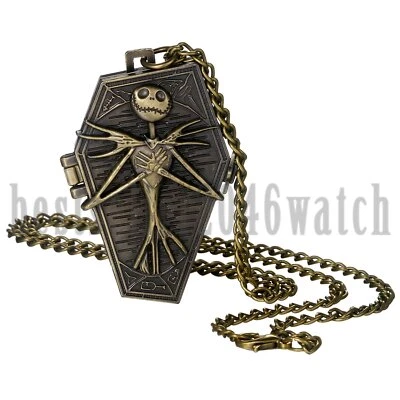 Retro Halloween Esqueleto Calavera Esfera de Bronce Analógico Reloj de Bolsillo Colgante Collar Foto 1 de 4