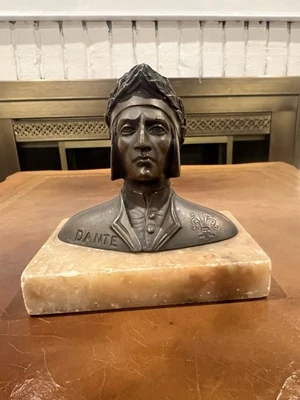 Старинный бронзовый бюст Данте — Grand Tour, алебастровое основание, Италия около 1880 г. - Изображение 1 из 4