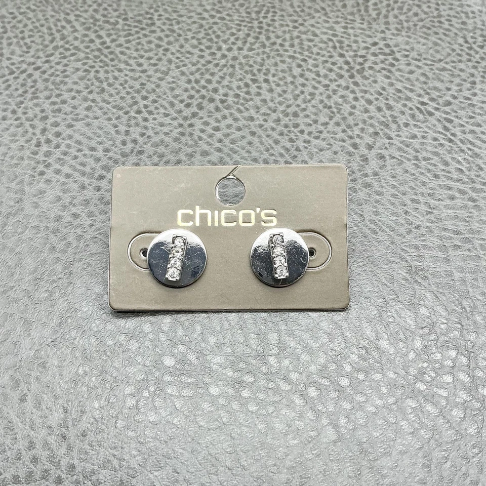 Chico's Earrings Womens Silver Tone Round Disc Rhinestone Bar Post Studs 1/2" — 第 1/4 张图片
