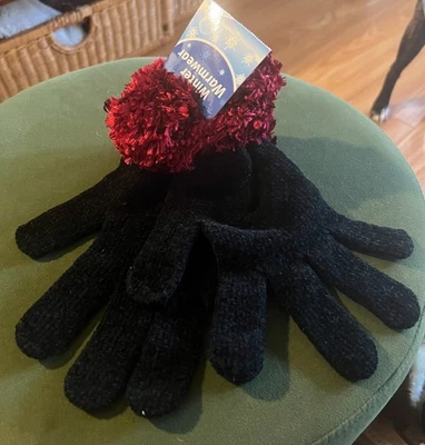 Ropa de abrigo de invierno guantes de punto negro con puños rojos difusos • Nuevos con etiquetas • Mezcla de acrílico Foto 1 de 4