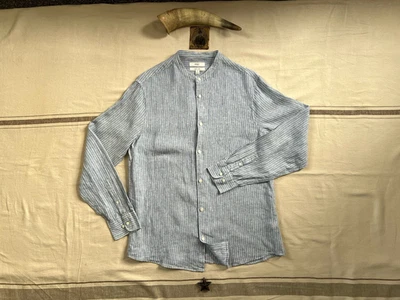 M&S Linen Grandad Shirt M Blue Workwear Stripe New BNWOT RRL-ish Free Post UK - Image 1 of 4