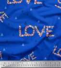 Soimoi Blue Cotton Poplin Fabric Triangle & Floral Love Text Print-Qap