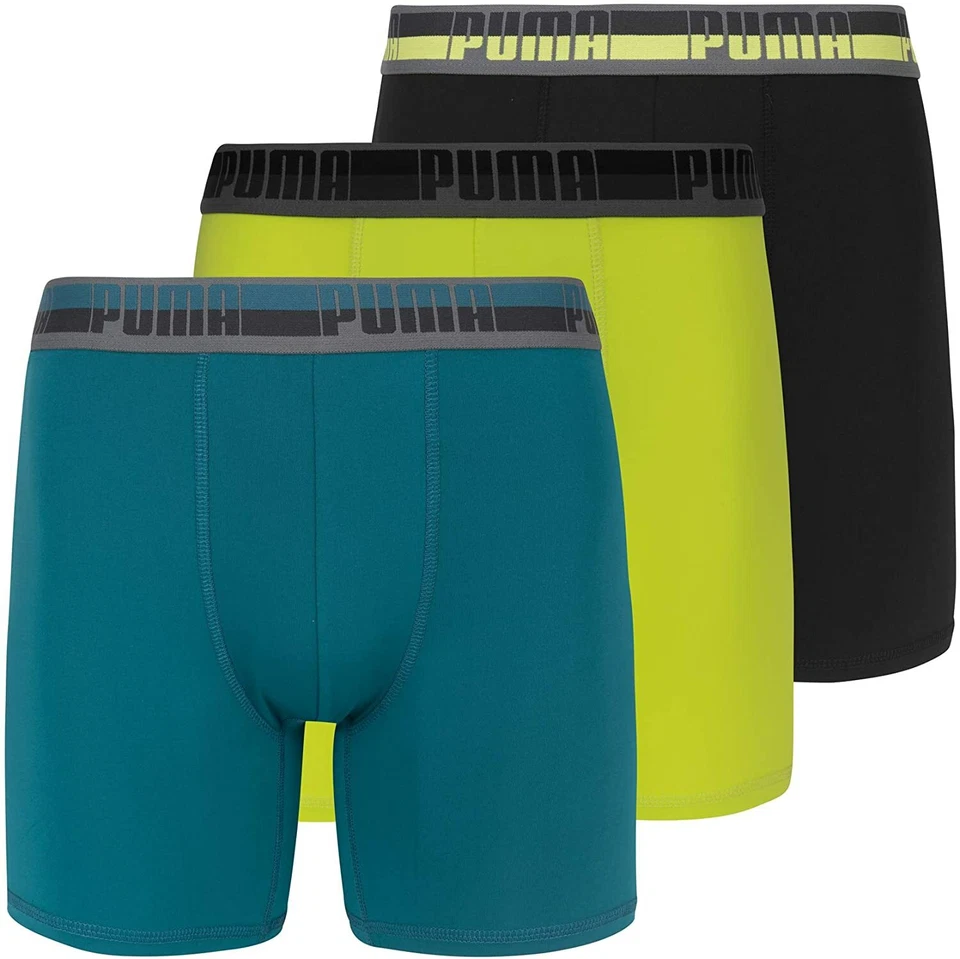 Paquete de 3 calzoncillos boxer de rendimiento PUMA para hombre, gris/verde, pequeños EE. UU. Foto 1 de 1