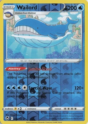 Wailord Reverse Holo Uncommon – SWSH12: Silver Tempest #038/195 Pokémon TCG - Image 1 of 2