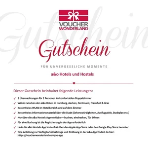 a&o Hotel Gutschein - 2 Nächte 2 Person - Hamburg Aachen Dortmund Frankfurt Graz - Bild 1 von 1
