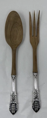 Juego de ensaladas de dos piezas de madera de plata esterlina Rose Point Wallace sin monograma vintage Foto 1 de 4