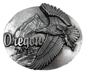 Vintage 1990 Oregon Gedenk Gürtelschnalle Adler Jagd Lachs Berg Kapuze Siskiyou - Bild 1 von 8