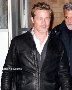 Mens Brad Pitt Wolves Black Real Leather Jacket Black Motorcycle Biker Gift - Picture 1 of 7