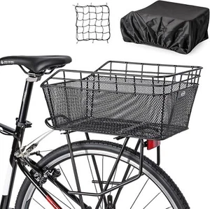 Rear Bike Basket - Large Bicycle Rear Basket with Cargo Net and Waterproof Cover - Picture 1 of 7