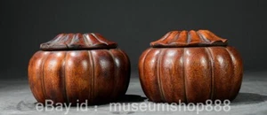5.4" Old Chinese Yellow Huali Wood Craving Pumpkin Shape Chess Jar Pot Jug Pair - Picture 1 of 9