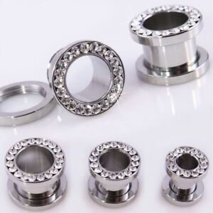 Pair Clear CZ Gem Tunnels Screw Fit Back Stainless Steel Plugs Gauges 0G 00G 1/2