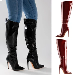 Mujer Charol Tacón Alto Stilettos Rodilla Botas Altas Cremallera Lateral Zapatos de fiesta - Imagen 1 de 22