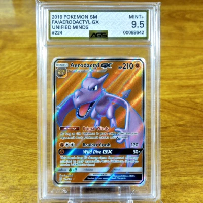 Pokemon SM Unified Minds Aerodactyl GX 224/236 AGS Mint+ 9.5 Full Art Holo 2019 - Image 1 of 3