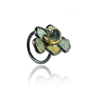Natural Raw Fire Opal & Aquamarine Gemstone Fashionable Statement Cocktail Ring - Picture 1 of 5