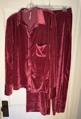 Free People Kit Kat Velvet Top Pants Lounge Set Wide Leg High Waist Berry Size M - Image 1 of 4