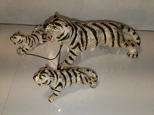 Vintage 3pc Porcelain White Tiger and Cubs Chained Kitschy Japan Figure - Picture 1 of 10