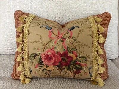 Richloom Fragonard Pink Bow Pillow Floral French Country Toile Red Ivory Checks - Image 1 of 3