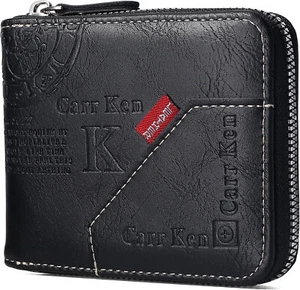 Cartera de cuero plegable RFID para hombre, cremallera, ventana de identificación, bolsillo para cambiar, fotos, negra - Imagen 1 de 10