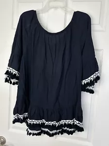 Crown & Ivy Women Boho Tunic Beach Top Sz XL Navy Blue White Embroidered Fringe - Picture 1 of 6