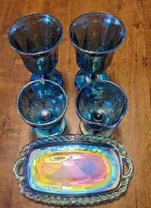 Vintage Indiana Carnival Glas Weinlese irisierend blau 5 Stück Set - Bild 1 von 6
