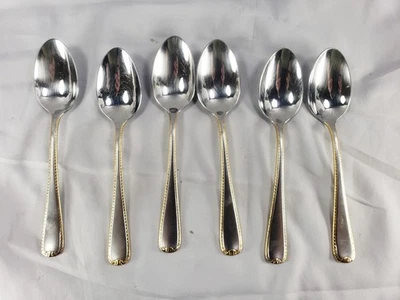 GORHAM GOLDEN RIBBON EDGE FROSTED STAINLESS LOT OF 6 SOUP/PLACE SPOONS - Image 1 of 4