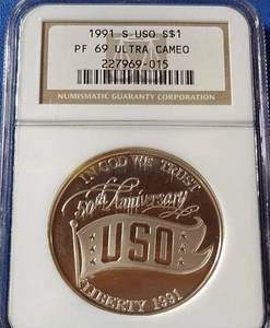 1991-S Proof $1 USO Anniversary Commemorative Silver Dollar NGC PF69UCAM - Picture 1 of 2