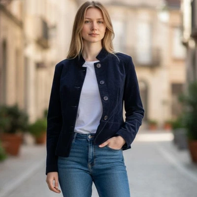 Vintage Talbots Navy Blue Stretch Velvet Peplum Blazer Size 10P Purple Buttons  - Image 1 of 4