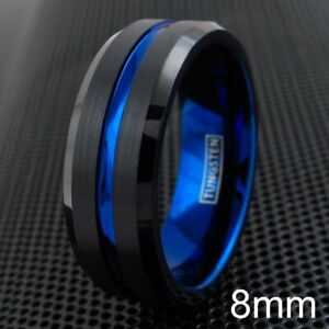 8mm Tungsten Carbide Men's Ring Thin Blue Line Black Brushed Wedding Band
