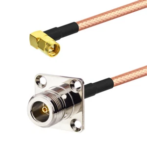 N Typ Buchse 4 Loch Flanschbefestigung auf SMA Stecker rechter Winkel RG142 Kabel 50cm - Bild 1 von 3