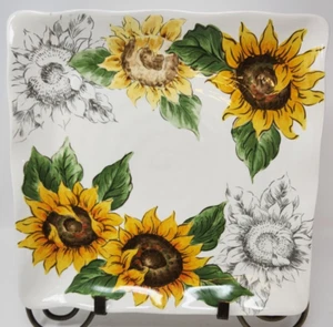 Maxcera Sketch Sunflower Square Coupe Dinner Plate (1) Yellow White Gray 11" - Imagen 1 de 6