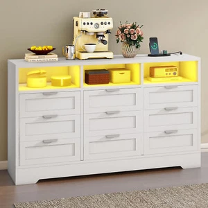 9 Drawers White Dresser Power Outlet LED Light Bedroom Storage Cabinet Organizer - Picture 1 of 8