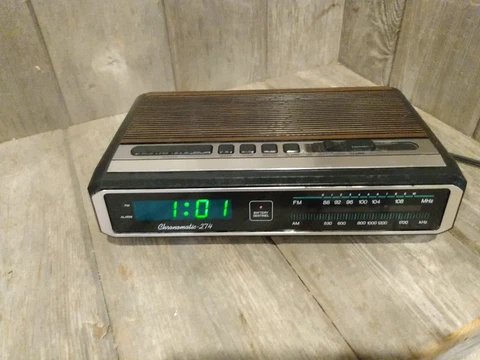 Vintage Chronomatic-274 Alarm Clock & Radio Simulated Wood Grain w/ Green LED Cover