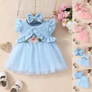 Baby Girls Flying Sleeve Solid Cute Mesh Printed Tutu Gowns Bowknot Sets Dresses - Picture 1 of 13