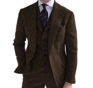 Men Suit 3 Piece Brown Herringbone Tweed Retro Party Prom Groom Tuxedo Tailored - Picture 1 of 8