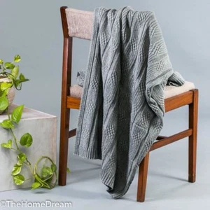 Braxton Broad Cable Medium Grey Melange Cotton Knitted Throw - Picture 1 of 5