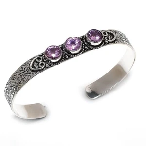 Purple Amethyst Gemstone Handmade 925 Sterling Silver Cuff Bracelet Size 7-8" - Picture 1 of 1
