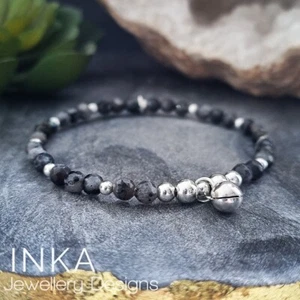 925 Sterling Silver & Labradorite Bell Bracelet Beaded Stretch Stacker By INKA - Picture 1 of 8
