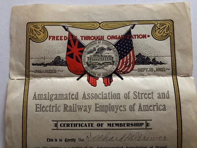 HARTFORD CT 1906 Street & Electric Railway Employees of America MEMBERSHIP CERT. - Image 1 of 4