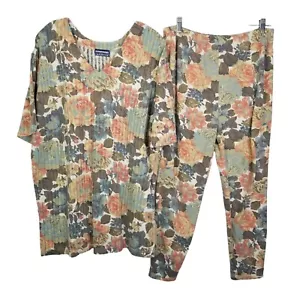 Oakbrook Women Large XL Oversize Vintage Floral Ribbed V-Neck Tee Pants Set - Picture 1 of 11