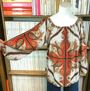Vintage 1970s Blouse Top 14 16 Peasant Gypsy Paisley Print Off Shoulder Bardot - Imagen 1 de 11