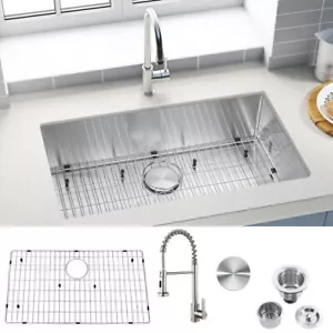32in Single Bowl Undermount 304 Stainless Steel Kitchen Sink with Faucet US - Picture 1 of 10