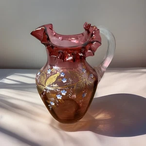 Vintage Fenton Cranberry Glass Pitcher – Ruffled Rim, Painted Flowers - Picture 1 of 7