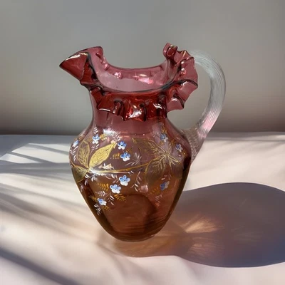 Vintage Fenton Cranberry Glass Pitcher – Ruffled Rim, Painted Flowers - Image 1 of 4