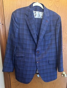 CUSTOM MEN'S ITALIAN FABRIC 3 PIECE WOOL SUIT BLUE PLAID 44 JACKET SEXY LINING - Picture 1 of 21